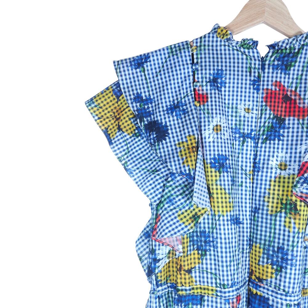 Pearl by Lela Rose Floral Gingham Dress 8 Blue White Ruffle Detail Cottagecore - Picture 8 of 15